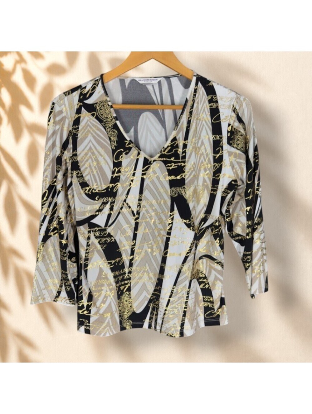 Allison Daley Blouse Women PS Petite White Geometric V-Neck Pullover Casual